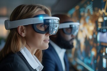 Corporate duo in AR glasses analyzes data, visualizing business strategies in a high-tech collaborative space. Man and woman with augmented reality eyewear, teamwork and data in focus, modern office