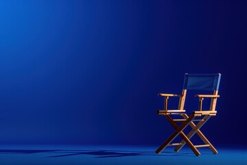 An iconic director's chair against a blue backdrop, symbolizing leadership and creativity, ideal for film director spotlights, cinema production advertisements, or as a symbolic image for movie making