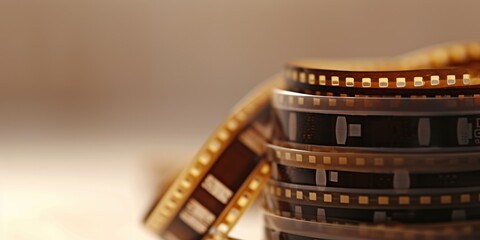 Close-up of film strips piled against a soft beige background, perfect for a film editing workshop poster, a nostalgic movie history presentation, or a teaser for a cinematography course.