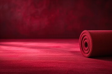 A rolled-up plush red carpet on a textured burgundy background, ideal for use in a movie premiere, a VIP event announcement, or for exclusive access in a cinema-related marketing campaign. - obrazy, fototapety, plakaty