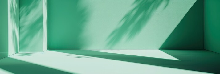 A minimalist green corner with shadows of palm leaves, conveying a serene, tropical, and fresh feeling, perfect for background in a modern cinema lobby, for environmental or green-themed film festival