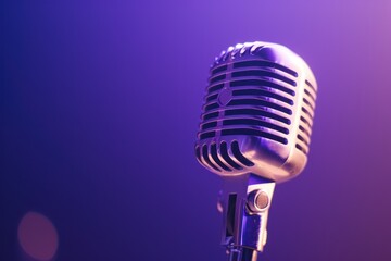A vintage microphone with a royal purple background creates a dramatic atmosphere suitable for cinema advertisements, podcast promotions, or announcing movie events or film industry interviews.