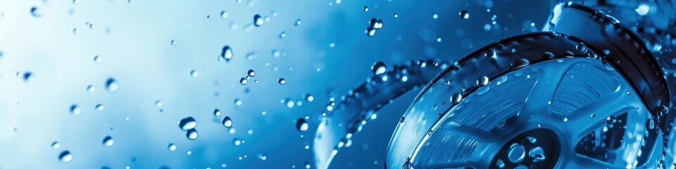 Banner with a film reel with water droplets against a blue background, evoking a fresh take on cinematic experiences, perfect for advertising water-themed film festivals - obrazy, fototapety, plakaty