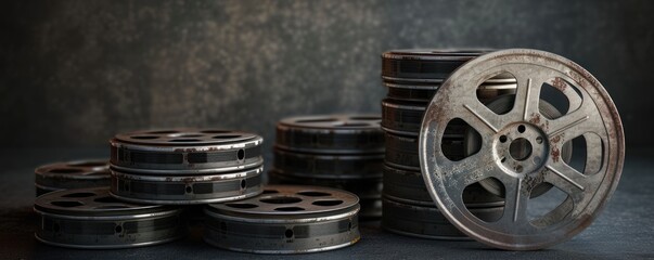 A collection of vintage film reels on a dark background, for a classic cinema event poster, a film school's historical equipment exhibit, or as part of a decorative theme for a retro movie night.