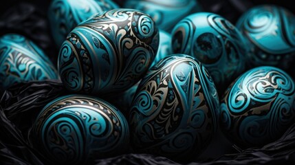 Traditional Easter colored eggs. The table is set for the holiday in blue tones. napkin and plate with treats. - obrazy, fototapety, plakaty
