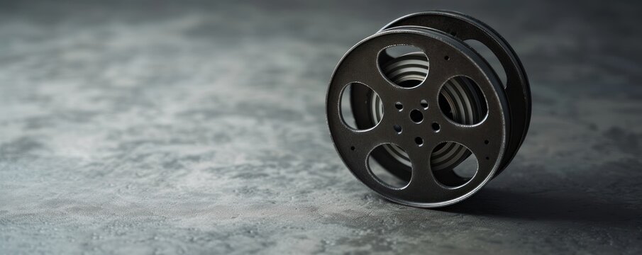 A vintage movie reel canister on a rough, steel-textured surface, suitable for a classic film revival event, a historical documentary, or as a representation of cinema heritage in a movie blog