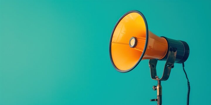 A director's megaphone on a bright turquoise background, suitable for a film director's masterclass advertisement, a theater production call announcement, or an event organizing service promotion.