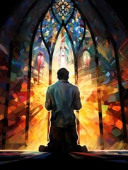 guy in church. a young man prays near a stained glass window. faith hope. man folded his hands in prayer.