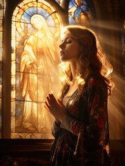 girl in church. a young woman prays near a stained glass window. faith hope. man folded his hands in prayer