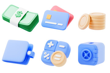 Business icon set. Calculator, safe, wallet with money, credit card, safe box, shield. 3d render illustration