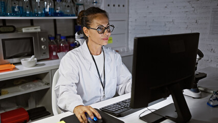 Hispanic woman researcher in glasses working at computer in modern laboratory, surrounded by...