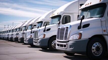 Row of White Semi Trucks Parked in Logistics Center