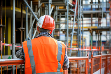 Rear view of engineer wearing safety helmet and reflective vest at construction site.
