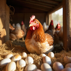 A hen lays eggs at a chicken coop in a group of chickens at a bio farm.