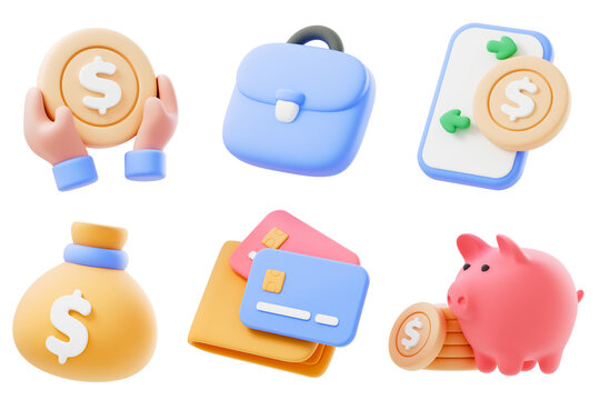 3d Business and finance icon set. online buying, online payment and savings account. 3d render illustration 