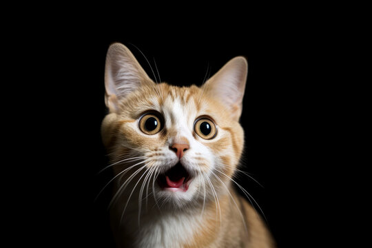 Funny surprised cat isolated on black background. Studio portrait of a cat with amazed face.