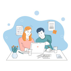 Vector illustration in linear style depicting students sitting at a laptop for online training