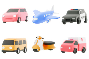 3d various of vehicle police car, ambulance, eco car, van, bus, airplane and scooter. transportation icons set on dark background, cartoon car. 3d render illustration