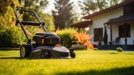 A lawn mover on green grass in modern garden. Machine for cutting lawns.
