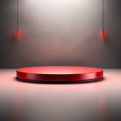 Photo red light round podium and black background for mock-up Generative AI
