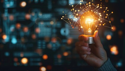 creative ideas for marketing and business plan. glowing light bulb with futuristic graphic icon.