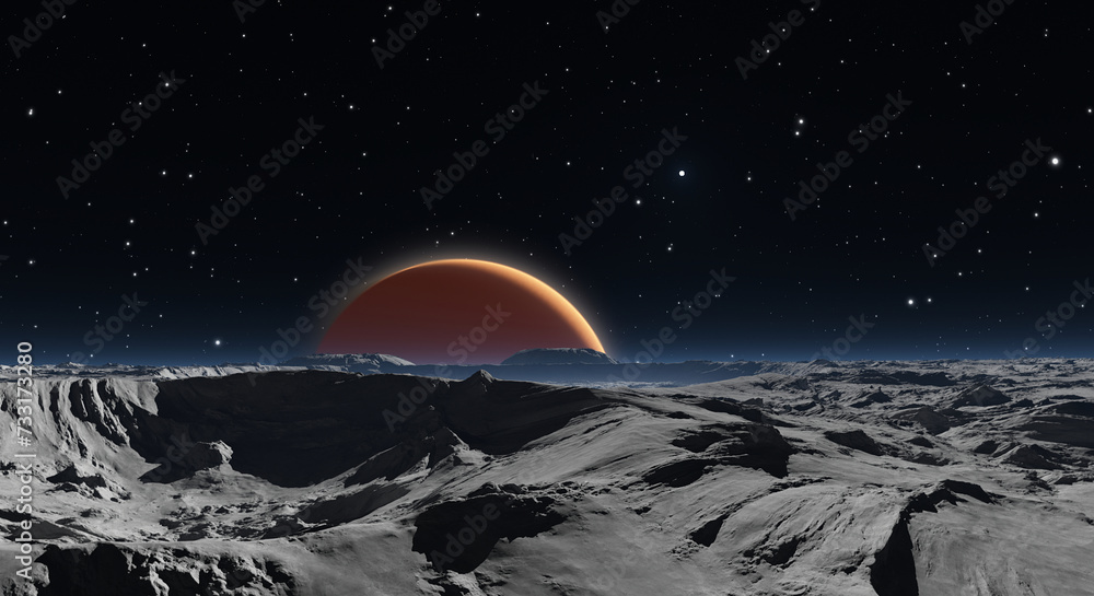 Poster panorama of phobos with the red planet mars in the background