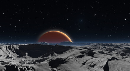 Panorama of Phobos with the red planet Mars in the background