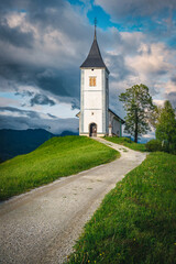 Rural road and Saint Primoz church on the hill, Slovenia - 733173299