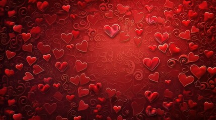 Background of small hearts with ornament of curls, in red color