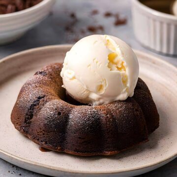 A decadent chocolate lava cake oozing with molten chocolate and dusted with powdered sugar, served with a scoop of vanilla ice cream on the side
Free ai image download...