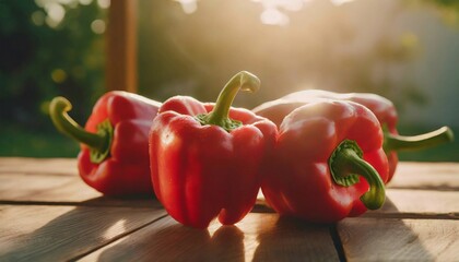 Fresh red bell peppers on wooden table. Natural and tasty vegetable. Organic garden food. - Powered by Adobe