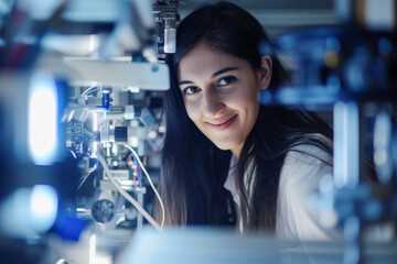 Portrait of female scientist looking at camera while working on microscope in laboratory
