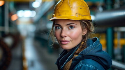 Engineer worker woman inspecting an industrial pipeline in a large factory. 