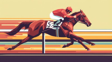 Jockey sprinting with a racehorse on a horse racing trak, flat style colorful vector illustration - obrazy, fototapety, plakaty