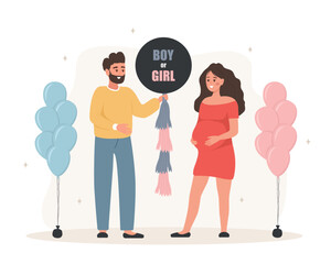 Gender reveal party. Couple holding balloon with inscription Boy or girl. Family dreaming about of her future baby. Pregnant woman hugs her tummy. Baby shower. Vector illustration in cartoon style.