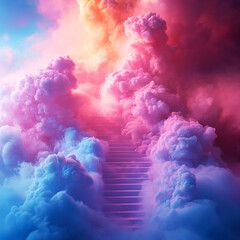 A fantastical depiction of a staircase ascending into a vibrant and colorful sky, laden with fluffy clouds tinged with shades of pink and blue, evoking a sense of wonder and the ethereal journey towar
