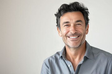 Obraz premium A handsome, attractive, corporate man in his 50s smiling at the camera, wearing a grey shirt against an isolated background.