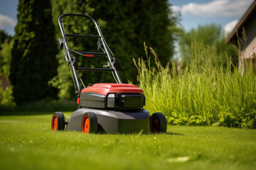 A lawn mover on green grass in modern garden. Machine for cutting lawns.