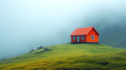 An isolated vibrant red house stands out amidst a vast expanse of misty green hills, portraying a stark contrast and a sense of remote solitude in nature.
