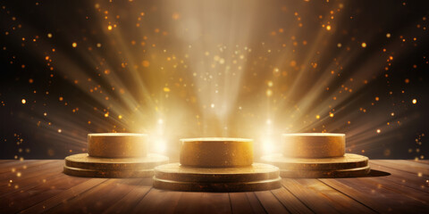 A podium with golden light lamps background. Golden light award stage with rays and sparks. - obrazy, fototapety, plakaty