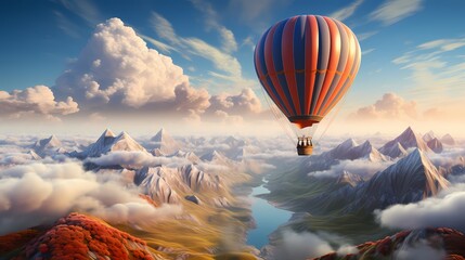 A top view of a hot air balloon floating amidst fluffy clouds against a vibrant blue sky, evoking a sense of adventure and wonder - Powered by Adobe