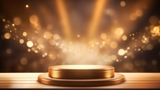 A podium with golden light lamps background. Golden light award stage with rays and sparks.