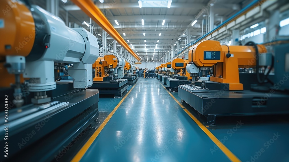Poster CNC machine in factory, huge production workshop. Generative AI.