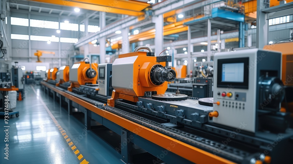 Poster cnc machine in factory, huge production workshop. generative ai.