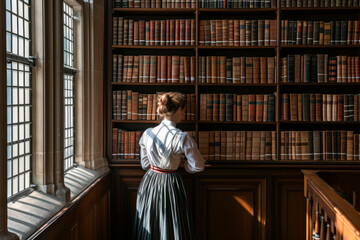 Back view of young woman standing in front of bookshelf in library
