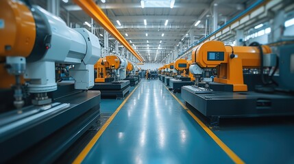 CNC machine in factory, huge production workshop. Generative AI.