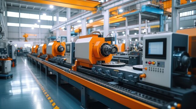 CNC machine in factory, huge production workshop. Generative AI.
