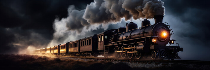 A vintage steam powered railway train in smoke. Steam locomotive with wagon drives in steam and smoke. - obrazy, fototapety, plakaty