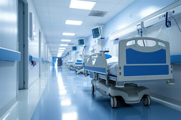 A modern hospital ward with a row of empty beds, each accompanied by monitoring equipment.