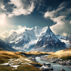 Majestic mountain peaks with snow capped summits Generative Ai